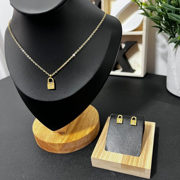 18k Gold Plated Stainless Steel Lock Pendant Neckless & Earrings Set - Picture 3 of 3